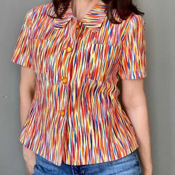 Retro Multicoloured Short-Sleeved Button Down Shirt - Picture 2 of 15